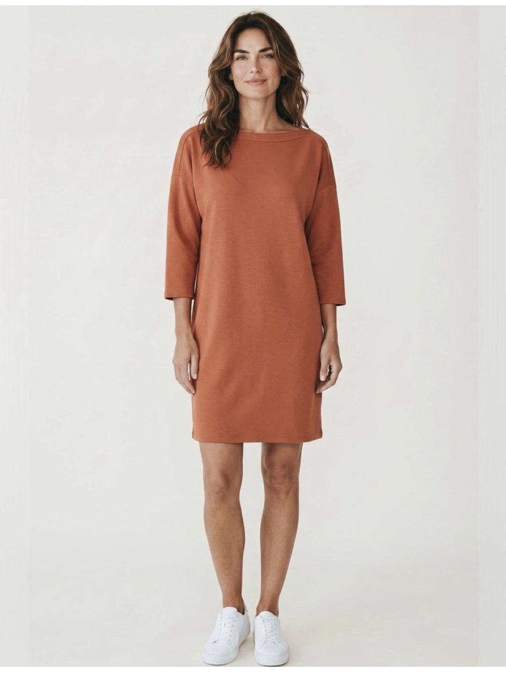 For Cynthia Terra Cotta Boatneck Midi Dress